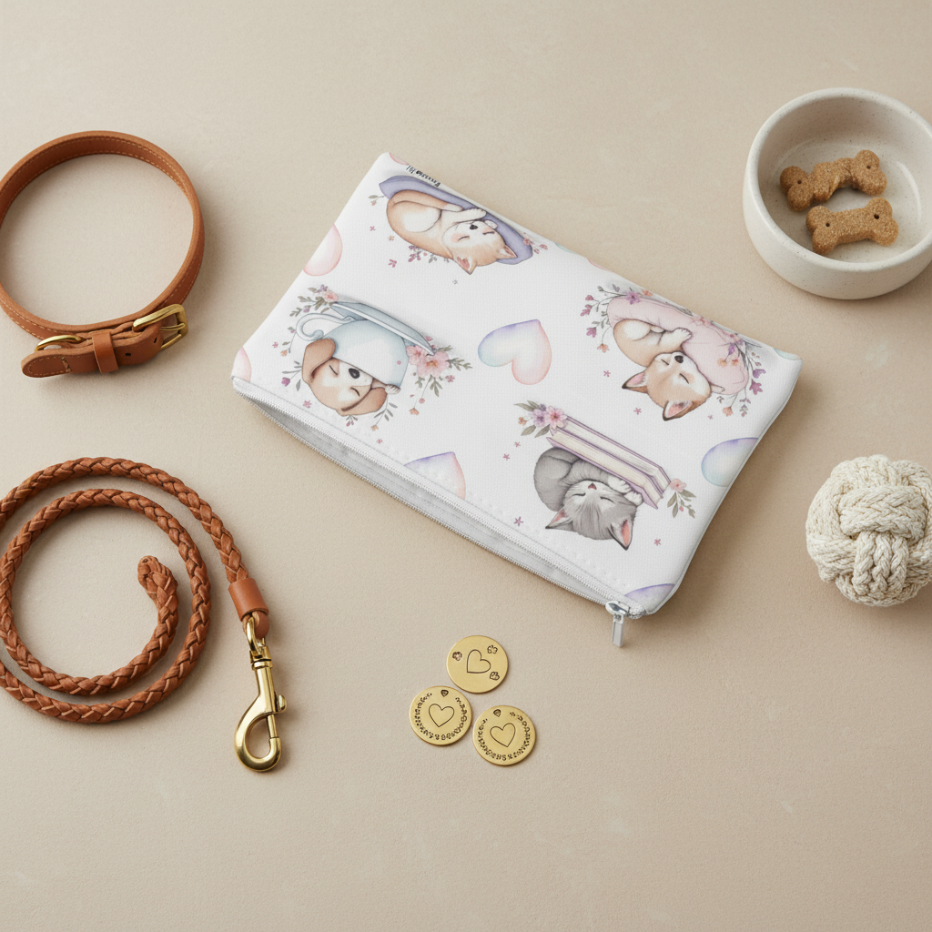 Astuccio in stoffa con cani e gatti appoggiato su una scrivania