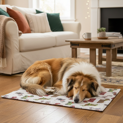 un cane di razza collie dorme su una copertina in cotone