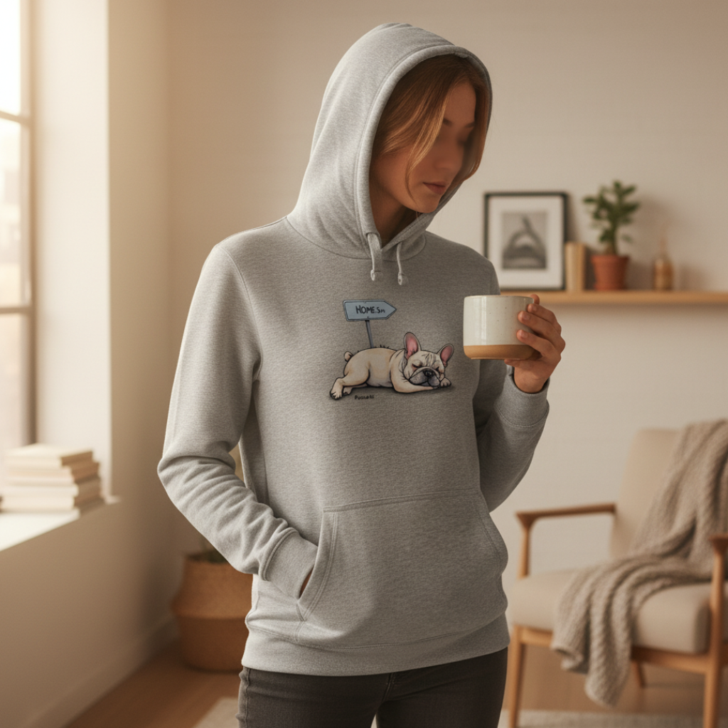 Felpa da donna grigia con cappuccio e grafica con bulldog francese