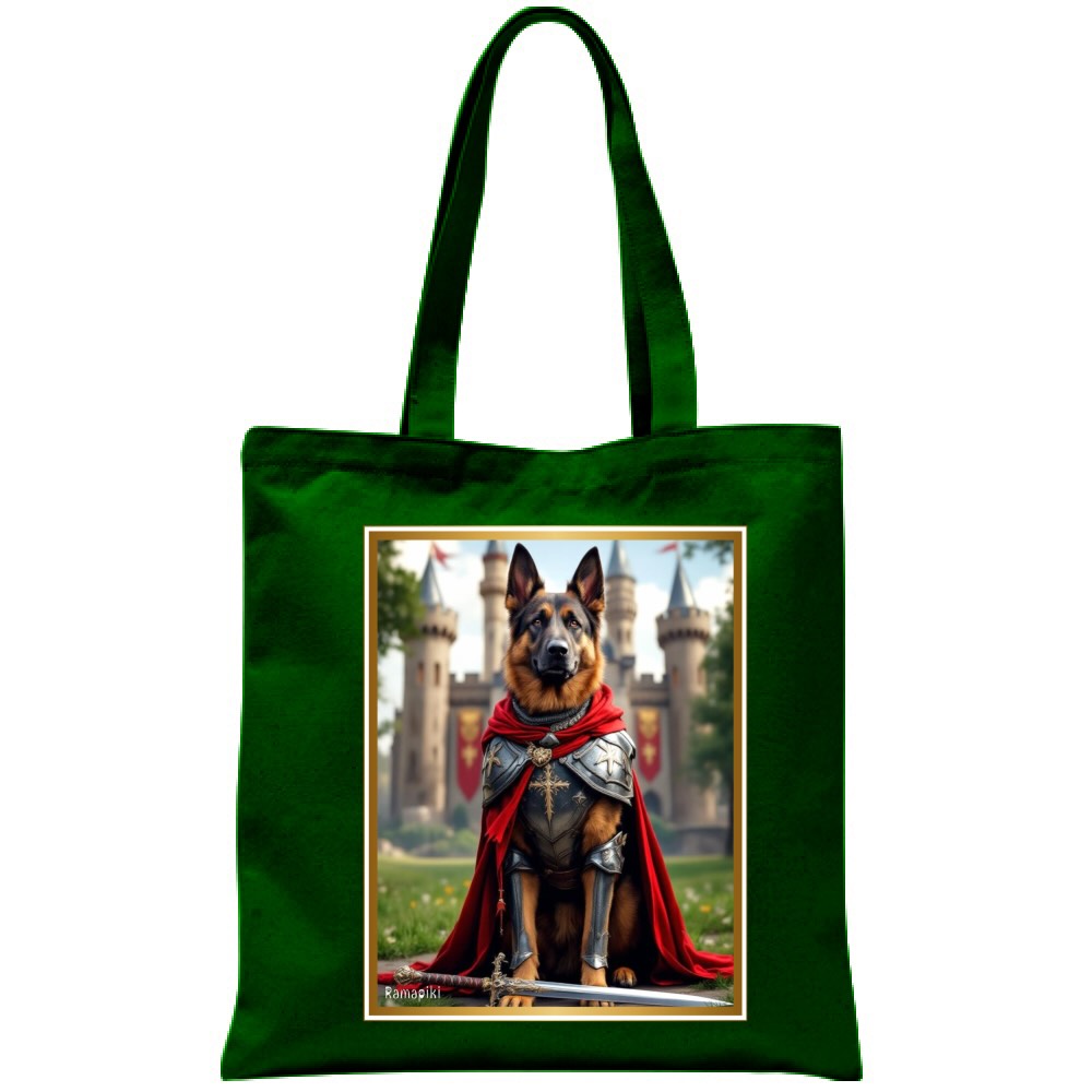 Tote bag verde con stampa artistica pastore tedesco travestito da cavaliere in costume medievale raffinato