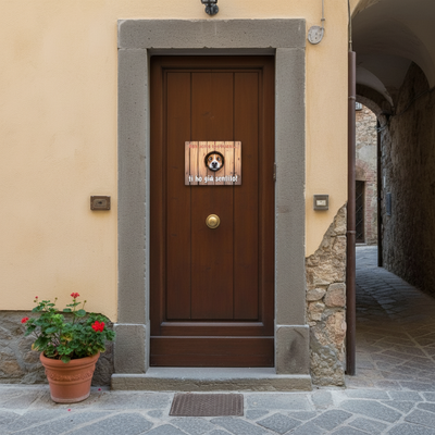 Targa decorativa con cane e frase personalizzata appesa ad una porta