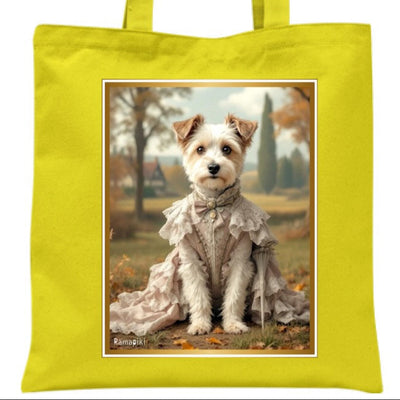 Shopper gialla in cotone con grafica di un cane terrier in abito elegante stile retrò
