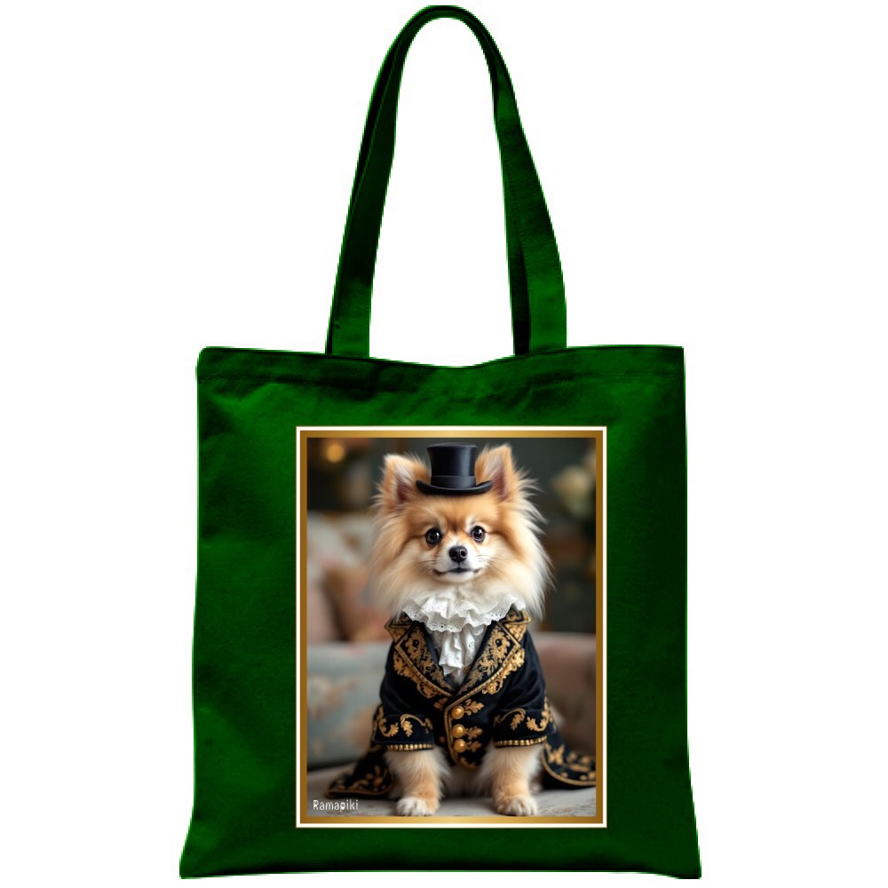 Borsa shopper verde con illustrazione volpino travestito da nobile in abito vittoriano - cotone naturale