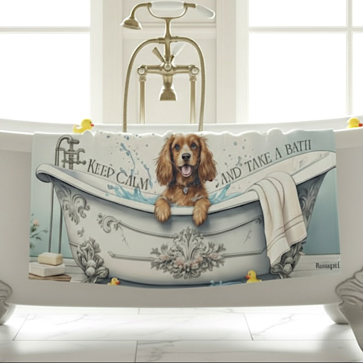 Telo doccia con cocker appoggiato ad una vasca