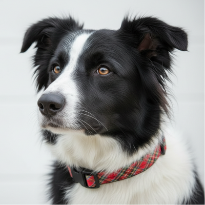 Border Collie con collare tartan rosso