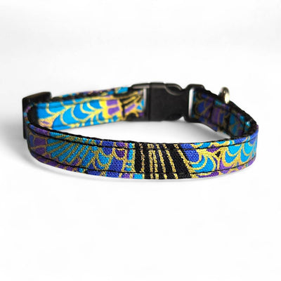 collare artigianale per cani e gatti con fantasia blu e viola