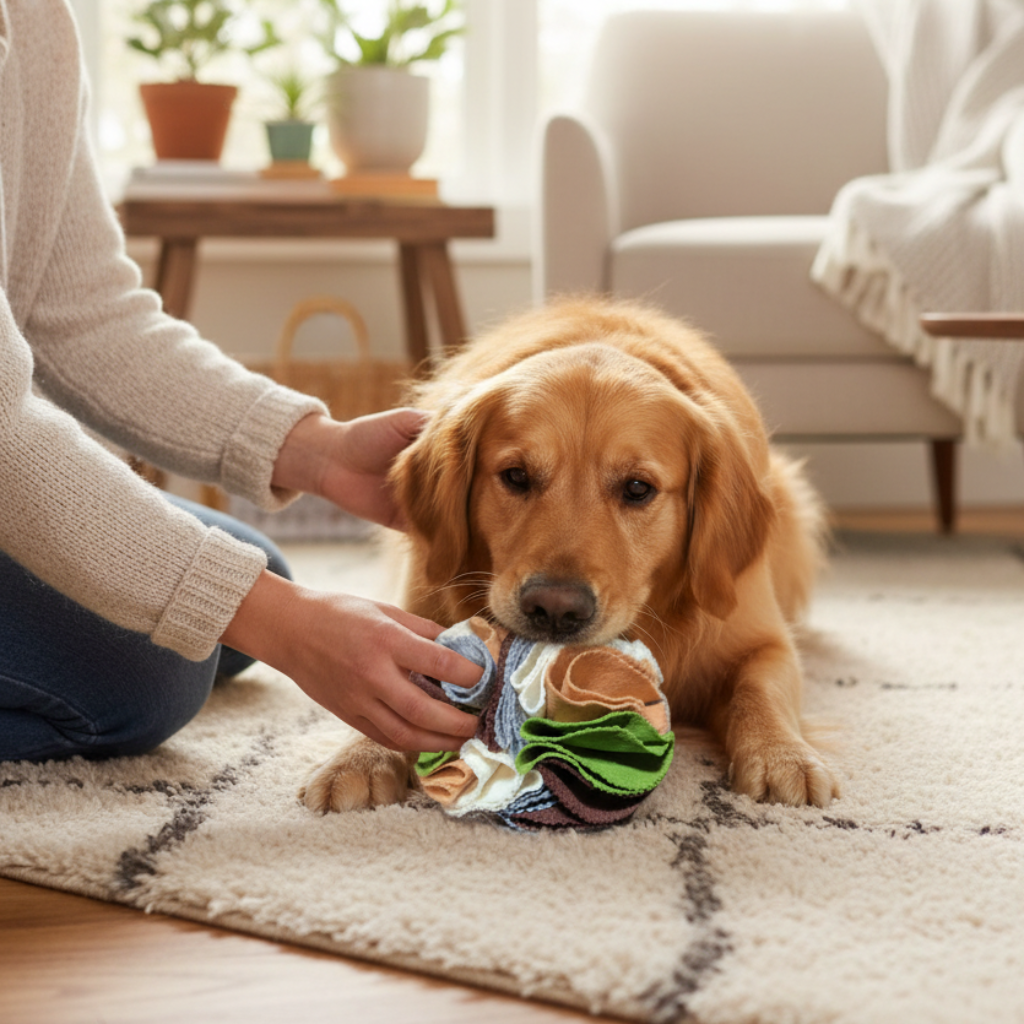 Cane che gioca con una alla olfattiva fatta a mano con tessuto multicolore per stimolazione mentale