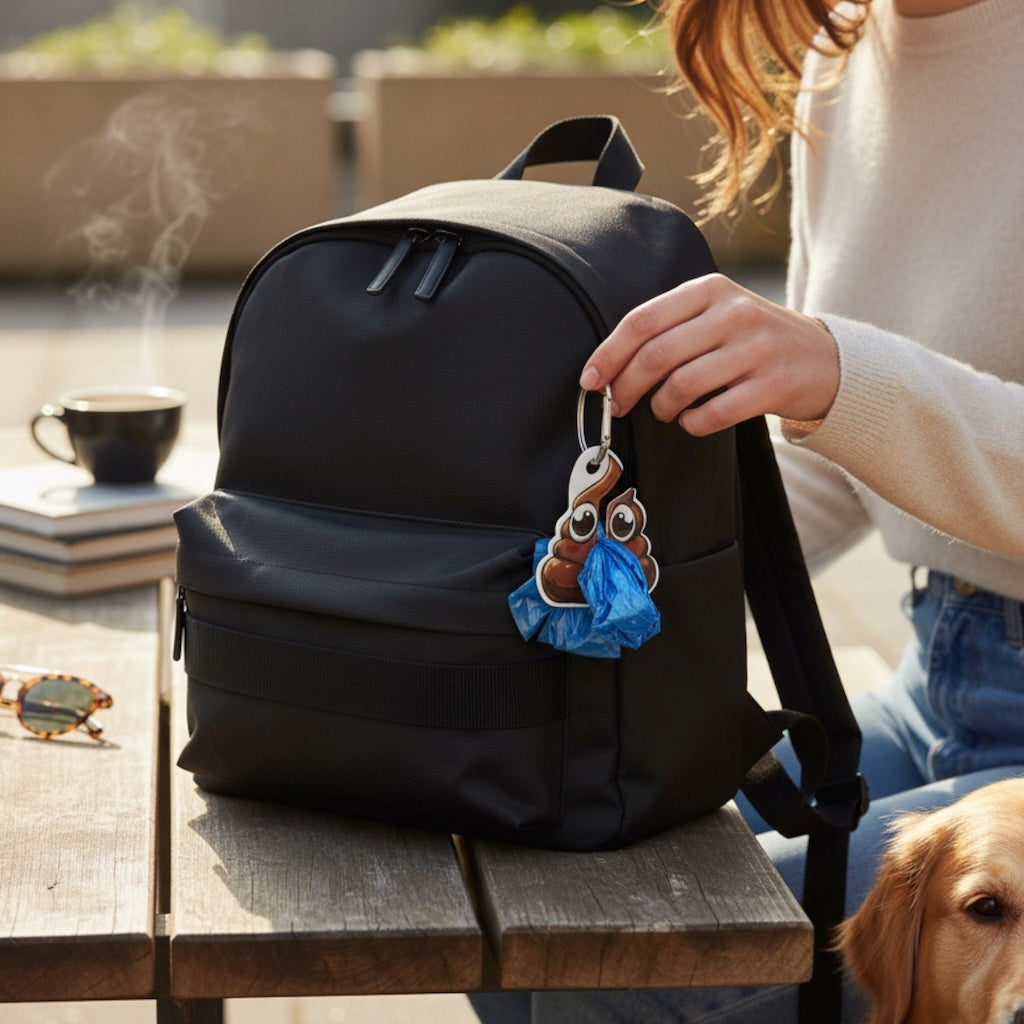 Dispenser sacchetti igienici per cani agganciato a zaino con moschettone - soluzione mani libere