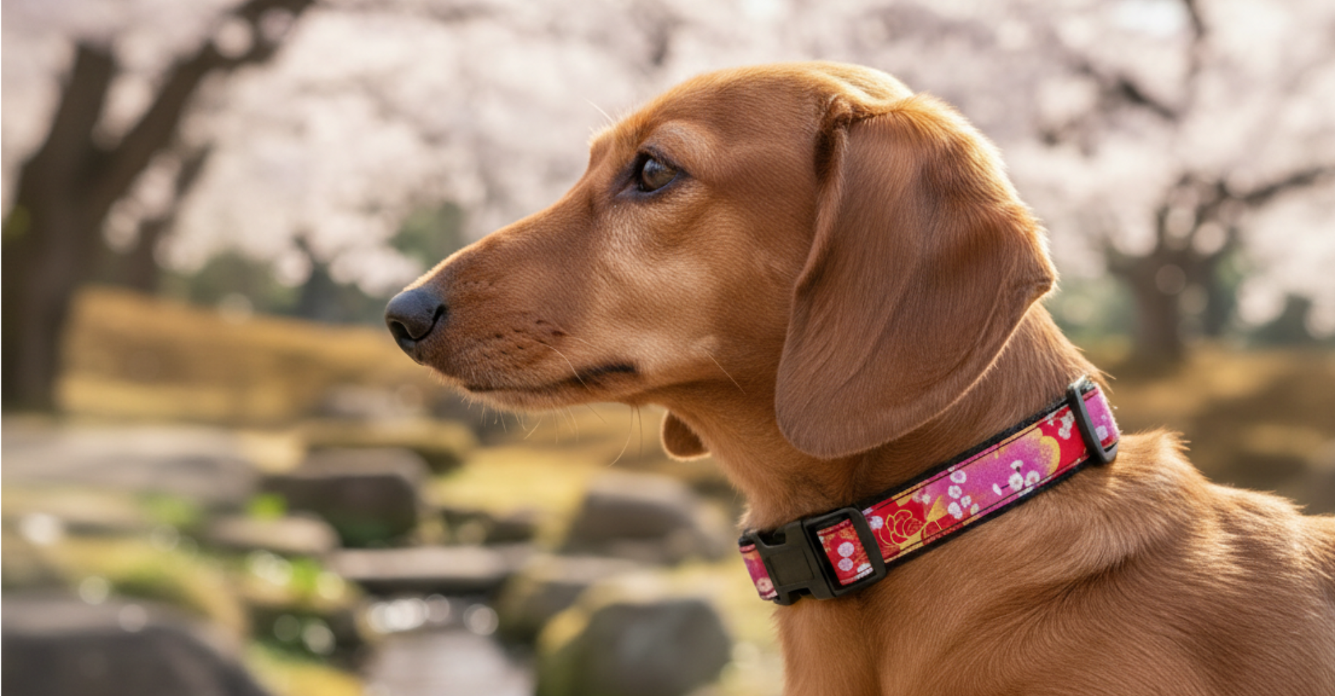  Bassotto marrone con collare in tessuto