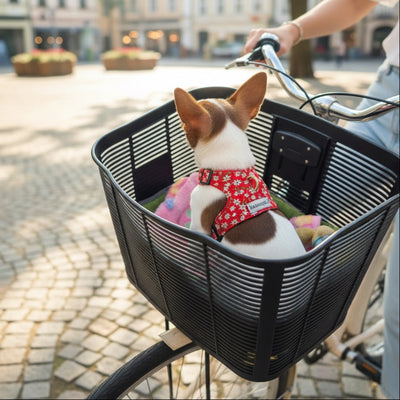 Chihuahua_toy_con_pettorina_rossa nel cestino di una bicicletta
