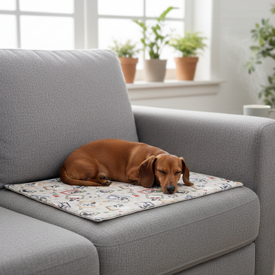 un bassotto che dorme sul divano sulla sua coperta fatta a mano