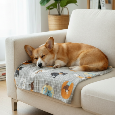Un corgi dorma sul divano sopra una copertina per cani fatta a mano