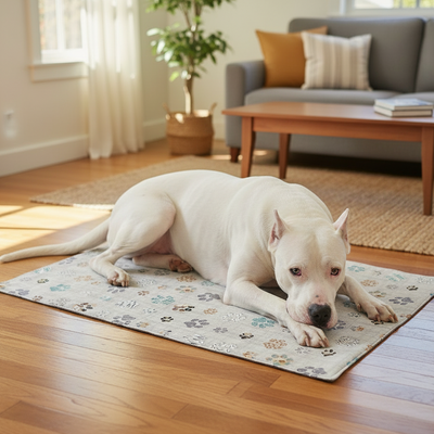 Coperta artigianale per cani con mastino sdraiato sopra