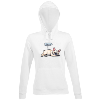 Felpa con cappuccio bianca con stampa bulldog francese vintage - abbigliamento casual dog lover
