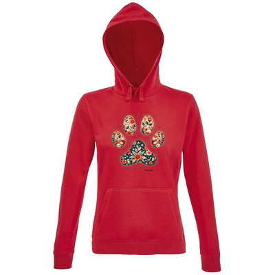Felpa con cappuccio bordeaux con stampa zampa fiori stile liberty - hoodie artigianale pet lover
