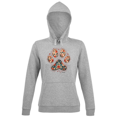 Felpa con cappuccio grigia con stampa zampa decorata fiori - hoodie comoda per amanti degli animali
