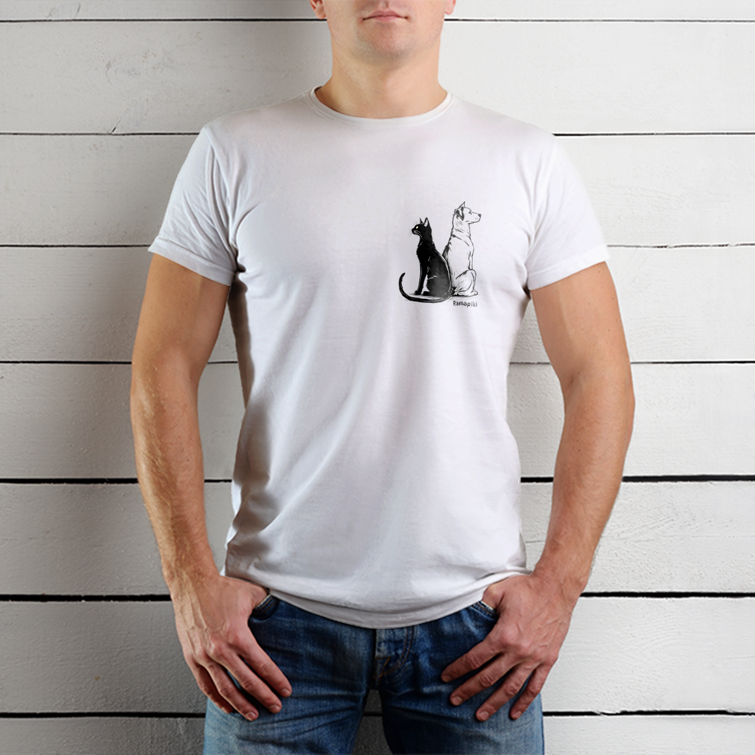 Mockup t-shirt unisex cane e gatto - indossata
