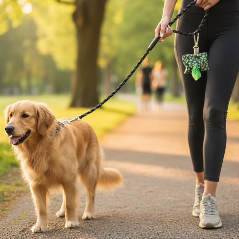cane con guinzaglio e porta sacchetti igienici