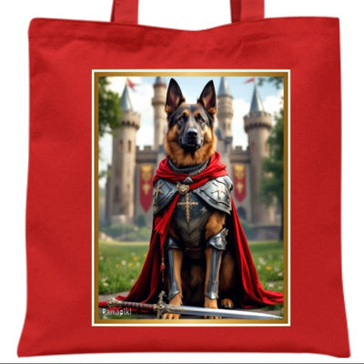 Borsa shopper rossa con illustrazione artistica di pastore tedesco in costume medievale
