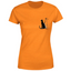 Dettaglio stampa cane e gatto su t-shirt donna arancione
