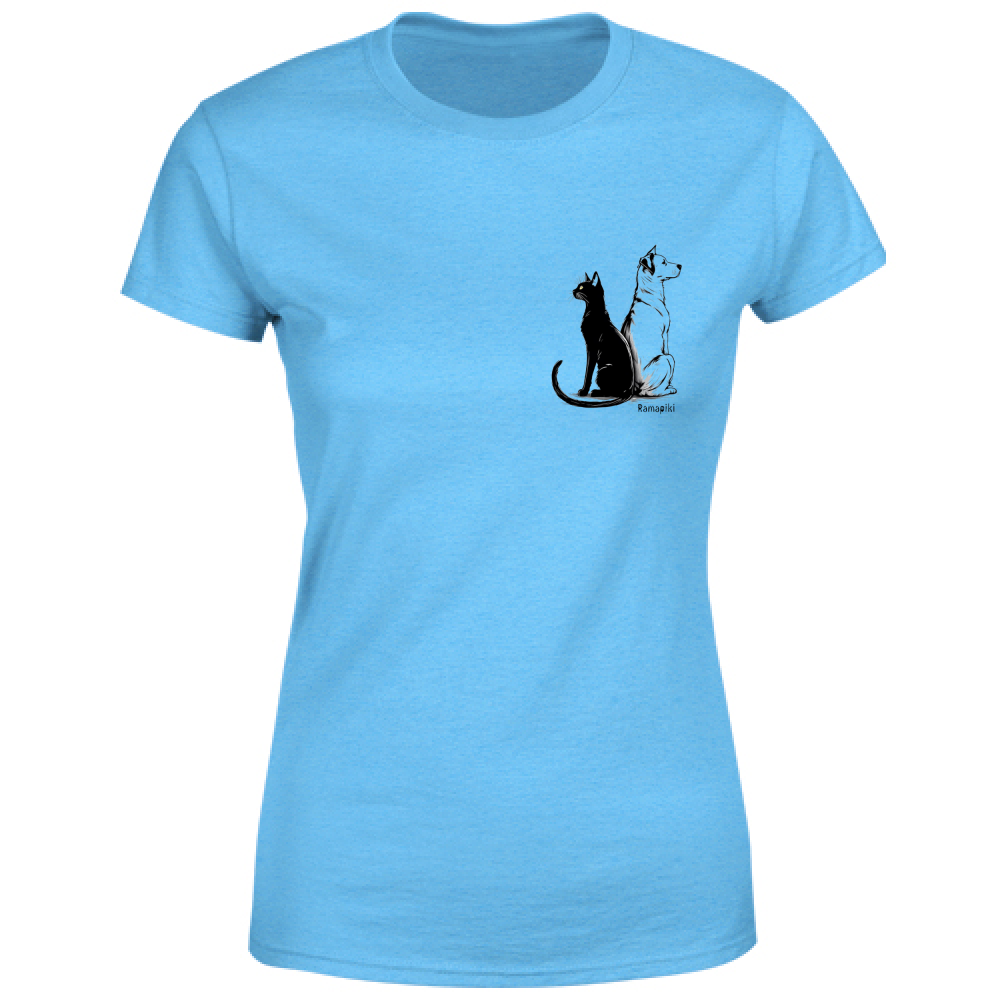 T-shirt donna con disegno cane e gatto - altra variante azzurro
