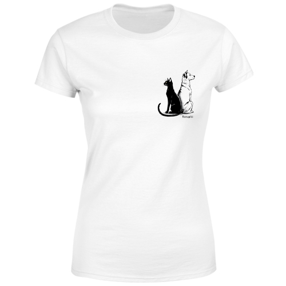 T-shirt donna con disegno cane e gatto
