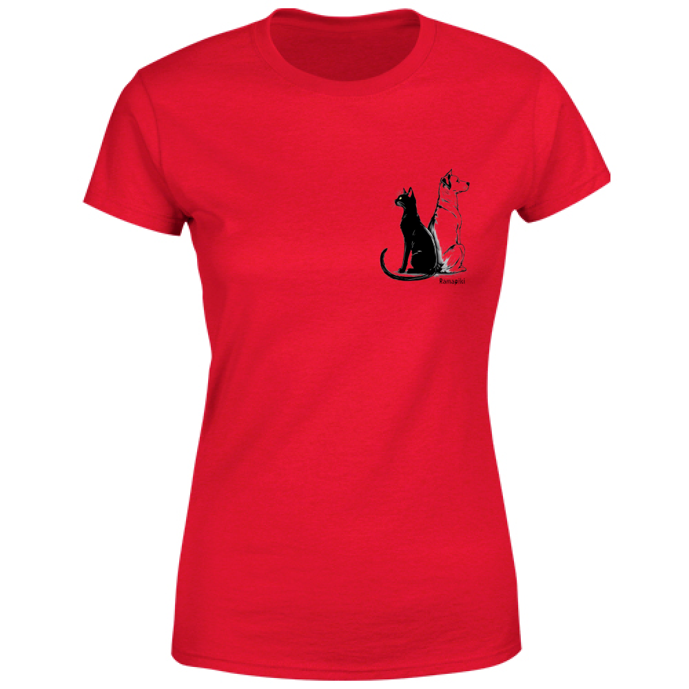 T-shirt rossa da donna girocollo con grafica cane e gatto

