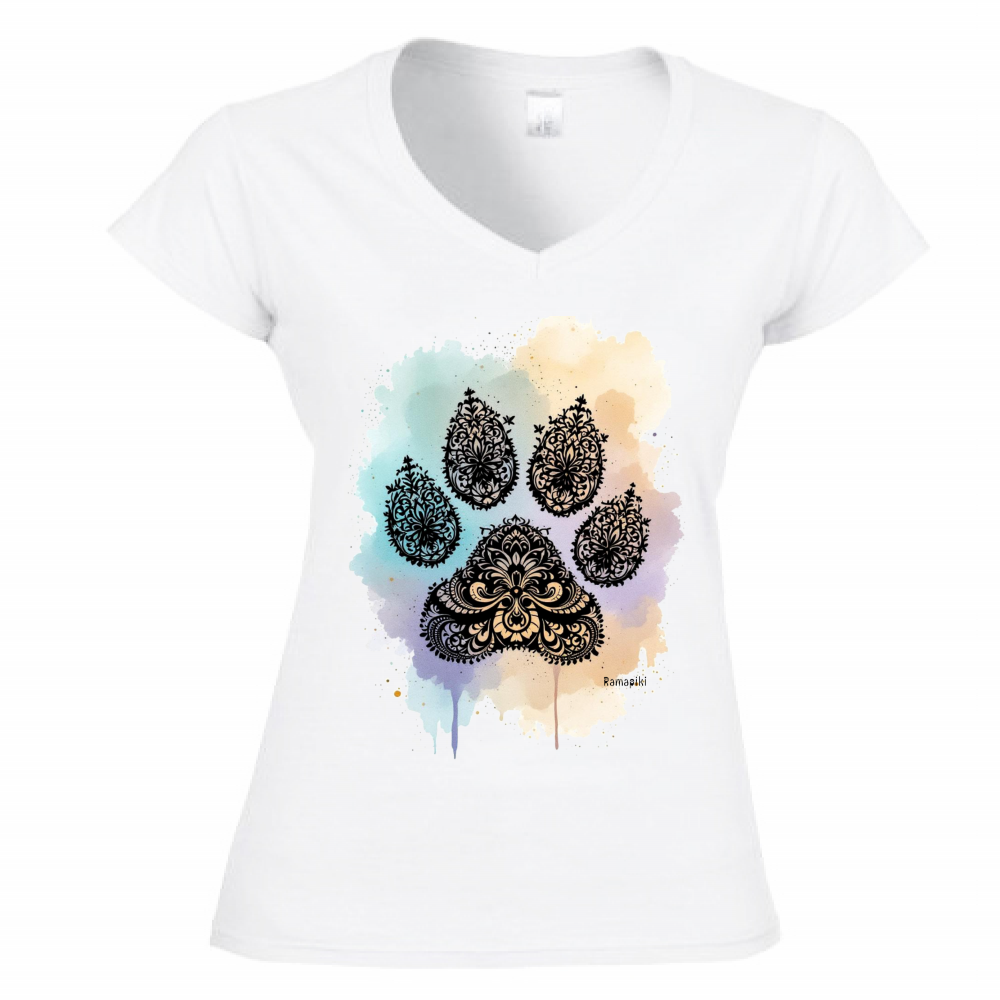 T-shirt donna scollo V bianca con stampa zampa mandala - maglietta casual pet lover
