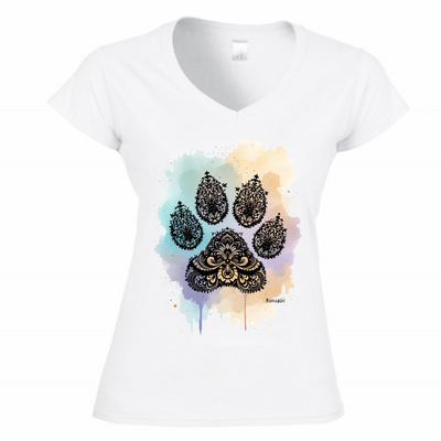 T-shirt donna scollo V bianca con stampa zampa mandala - maglietta casual pet lover
