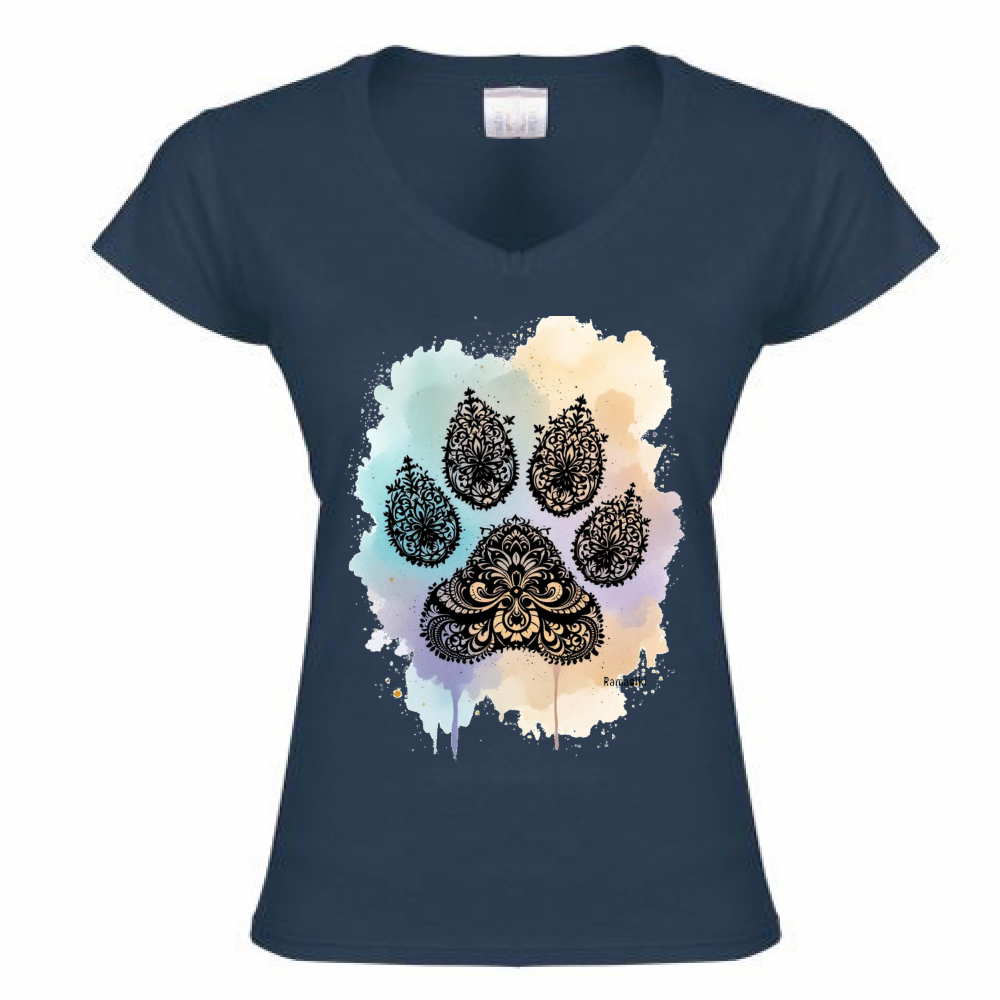 T-shirt zampa mandala navy blu - donna scollo V con stampa ornamentale - maglietta elegante per amanti degli animali
