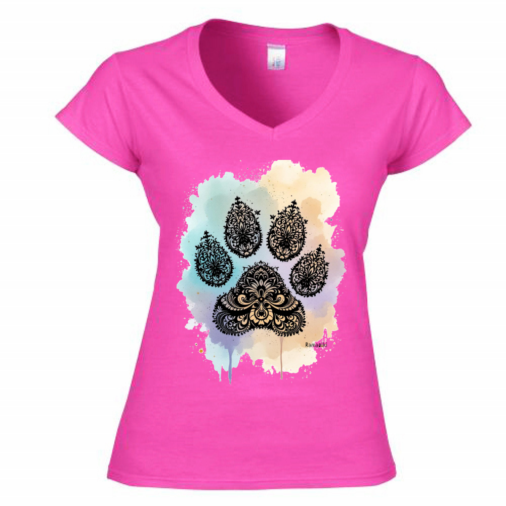 T-shirt zampa mandala rosa - donna scollo V con stampa ornamentale - maglietta femminile pet lover
