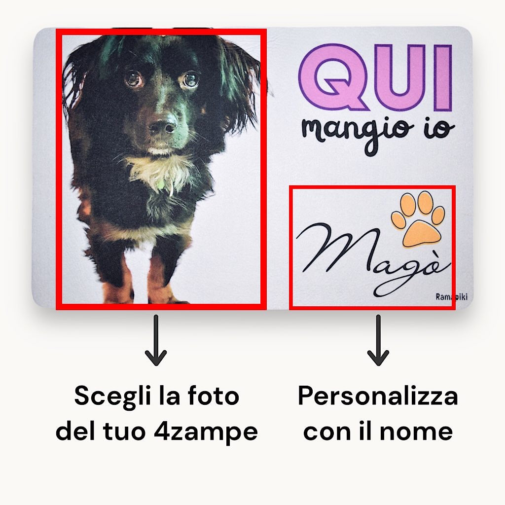 Mockup tappetino personalizzabile con foto cane e nome - opzioni di personalizzazione