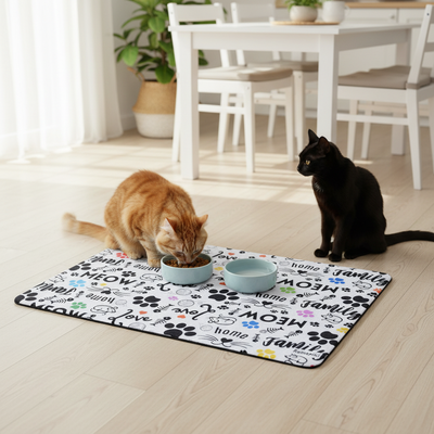 Tappetino per gatti con grafica originale e una coppia di gatti che mangiano
