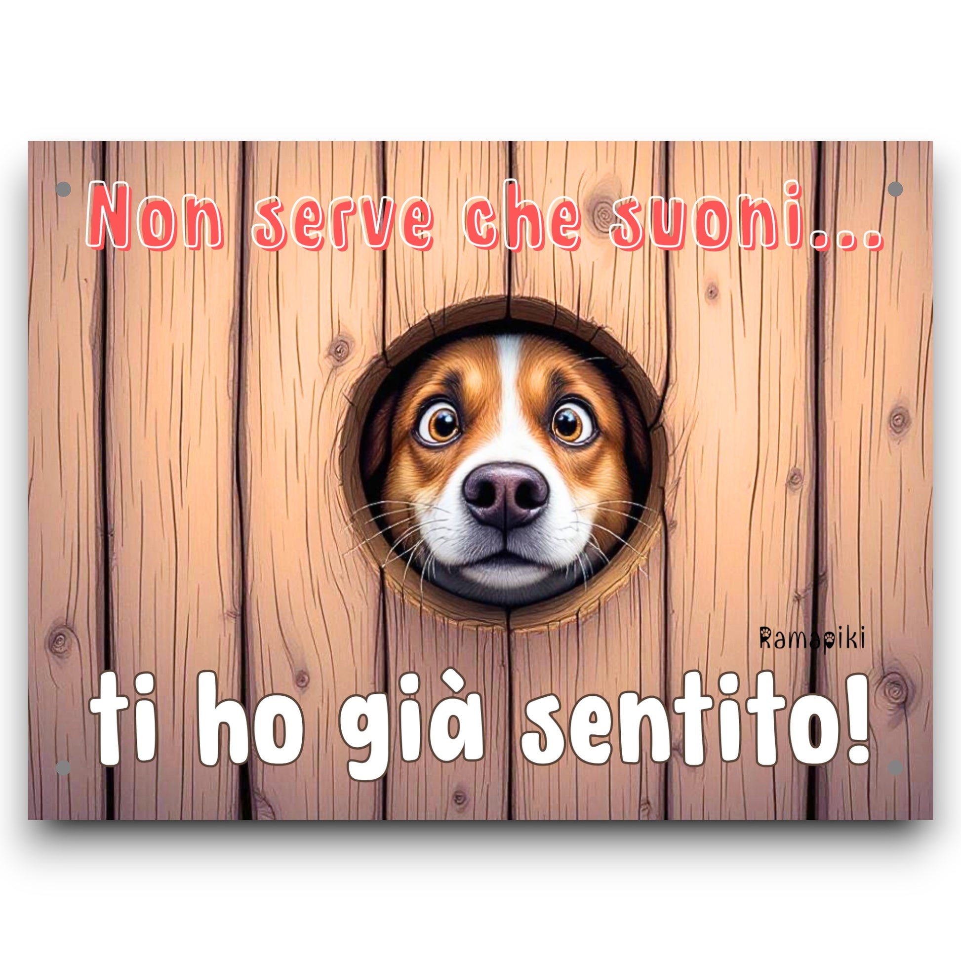 Targa in alluminio con il muso di un cane in stile cartone che spunta fuori da un buco