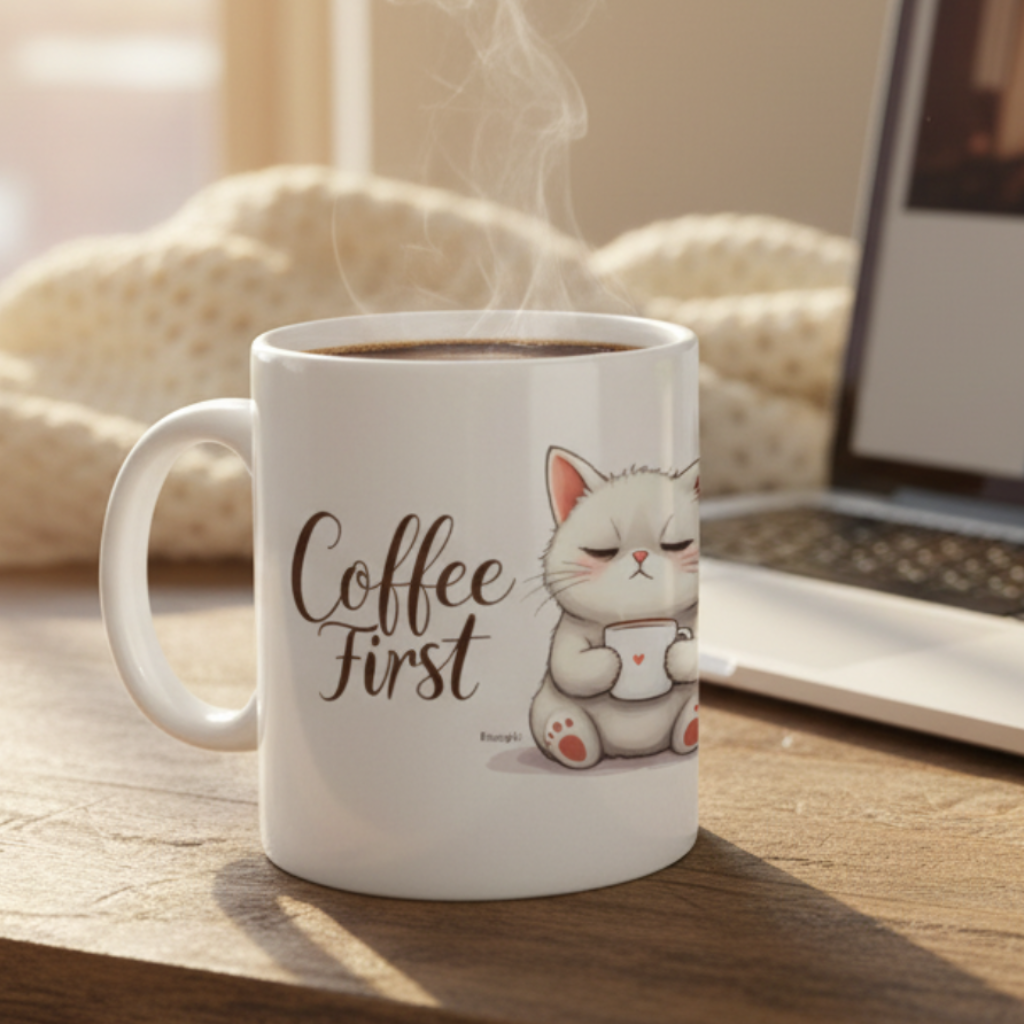 dettaglio di una bug con illustrazione di gatto che beve il caffè