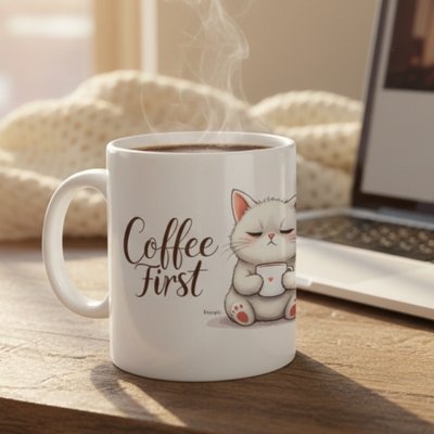 dettaglio di una bug con illustrazione di gatto che beve il caffè