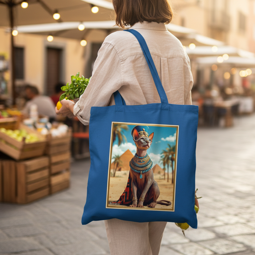 Mockup tote bag Sphynx Egiziana blu - borsa shopper in cotone biologico con manici lunghi
