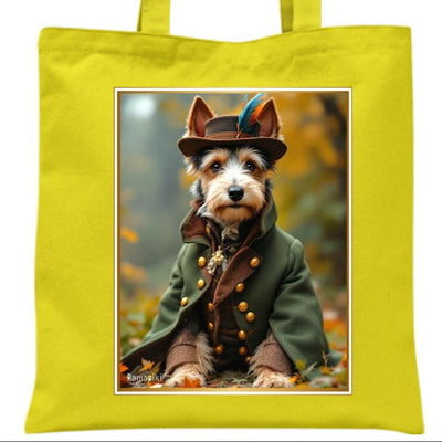 Tote bag gialla con illustrazione di un terrier in costume aristocratico vintage