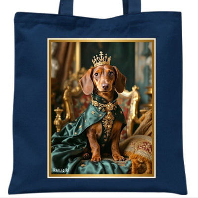 Tote bag blu navy con illustrazione bassotto travestito da regina in abito d'epoca - borsa ecologica riutilizzabile

