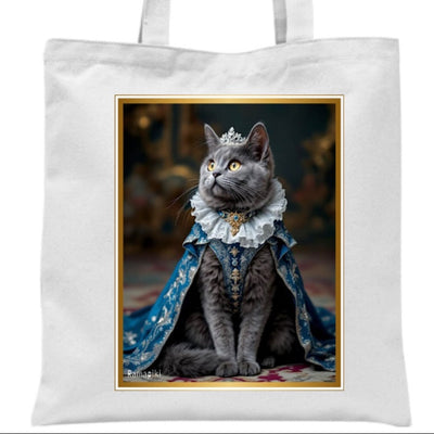 Shopper bianca con illustrazione gatto certosino travestito da reginain costume nobiliare - tote bag in cotone
