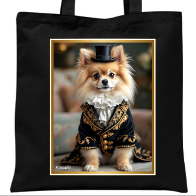 Tote bag nera con illustrazione di un volpino in costume aristocratico vintage