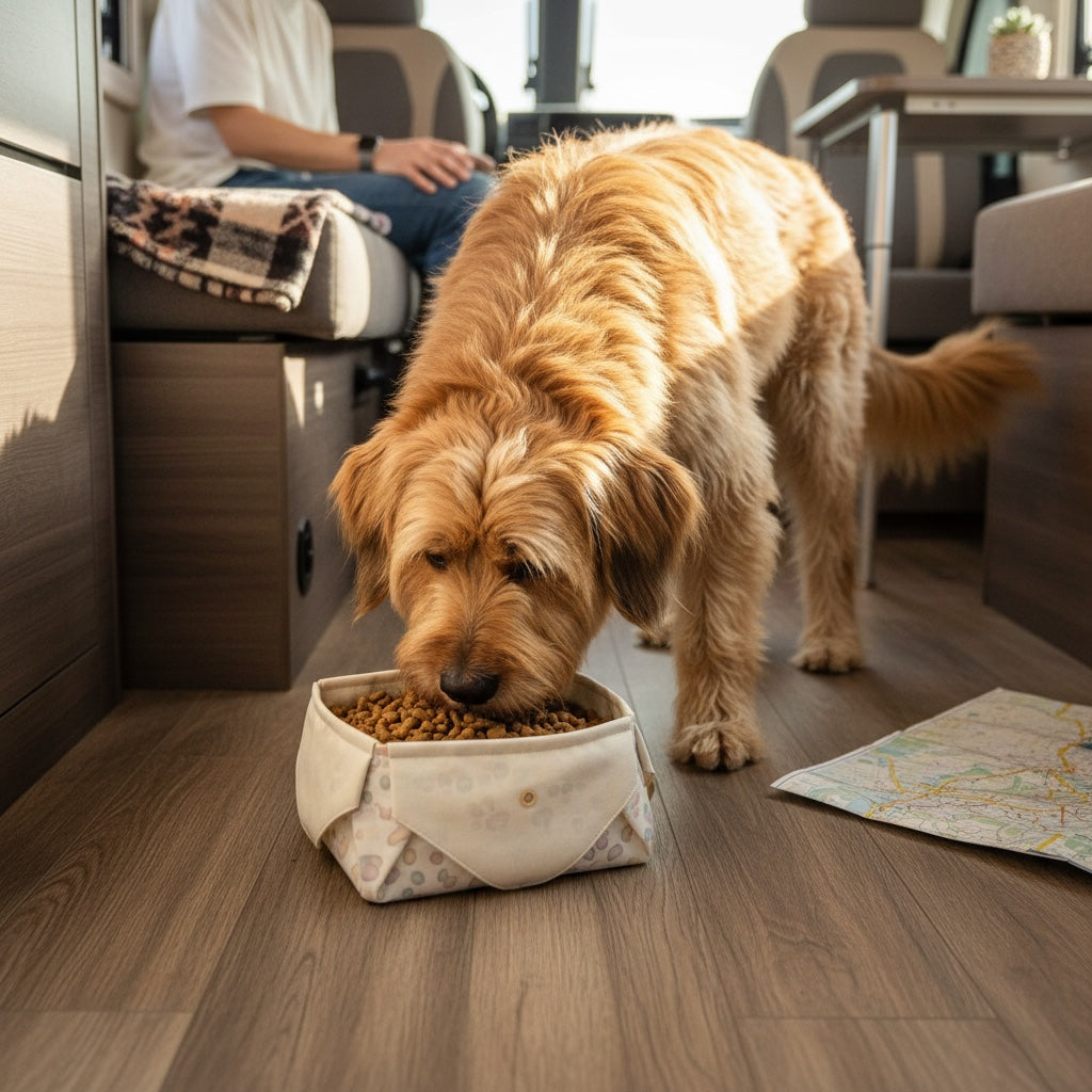 un cane di taglia grande che mangia dalla ciotola pieghevole ramapiki in un camper