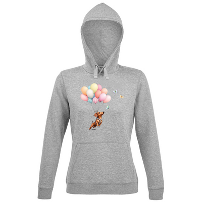 Felpa donna grigia con cappuccio e grafica con bassotto - Ramapiki
