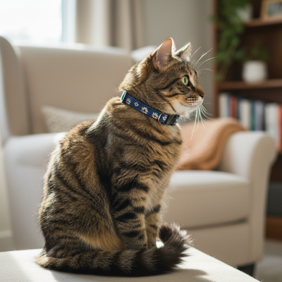 Gatto tigrato con collare blu con stelle alpine