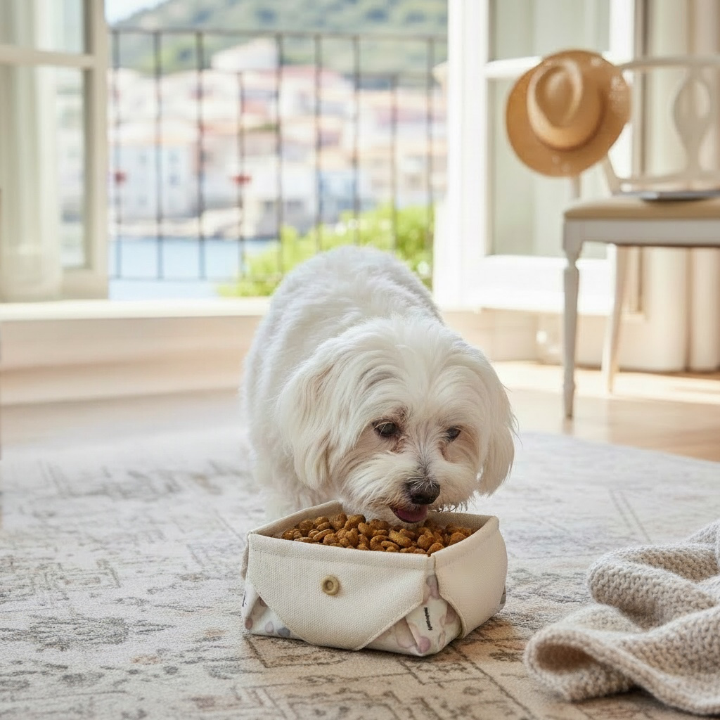 maltese_che mangia_nella_ciotola_da_viaggio
