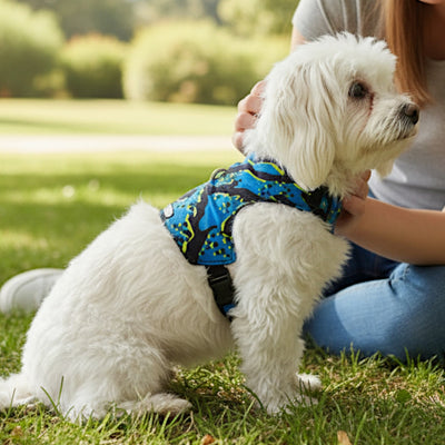 Maltese con pettorina artigianale blu a macchie taglia nana