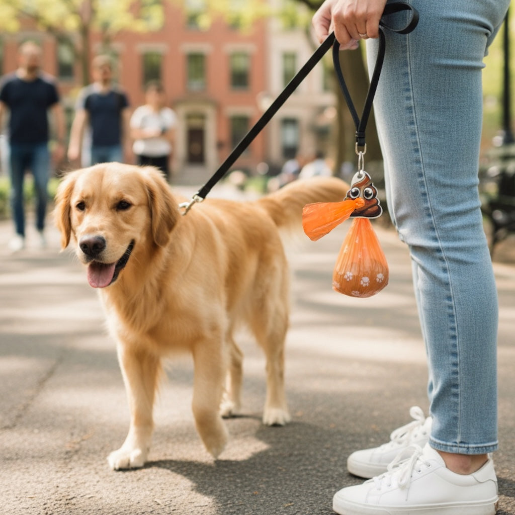 Dispenser porta sacchetti igienici agganciato a guinzaglio cane - pratico e sempre a portata di mano
