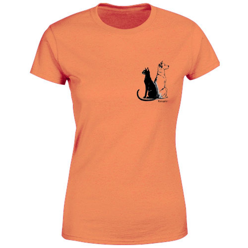 T-shirt color apricote donna girocollo con stampa cane e gatto - Ramapiki
