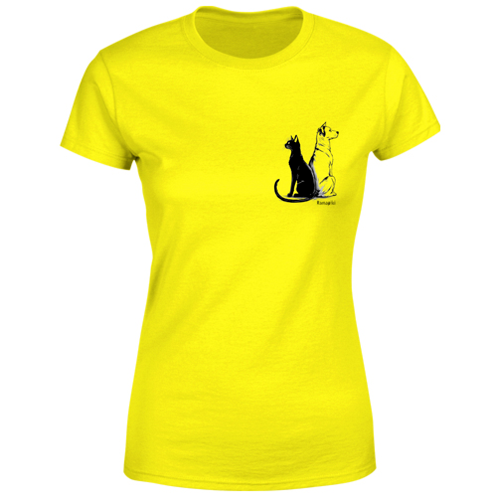 T-shirt giallo cane e gatto donna girocollo - vista frontale

