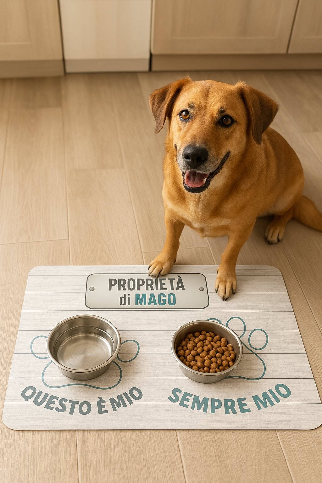 Sottociotole antiscivolo con grafica zampa e ciotole con cane
